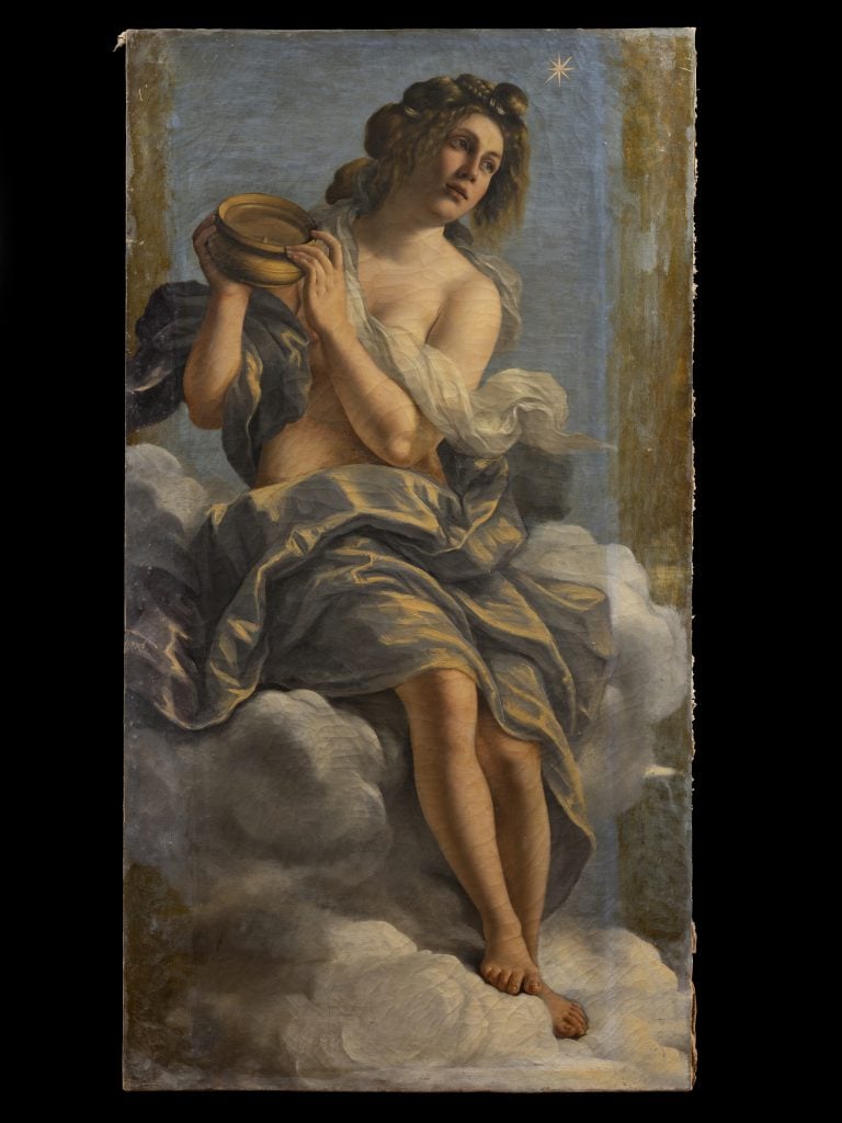 A painting by Artemisia Gentileschi depicting a woman holding an urn while sitting on a cloud.