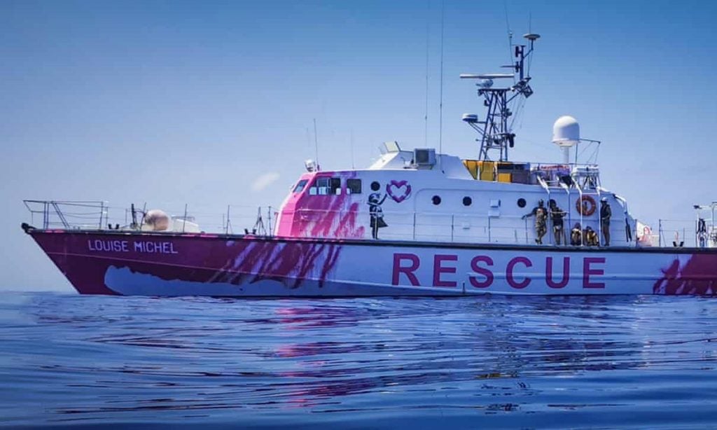 Banksy financed the purchase of the Louise Michel, which he painted with some of his artwork, to serve as a rescue vessel for refugees in the Mediterranean. Photo by Ruben Neugebauer/Sea-Watch.