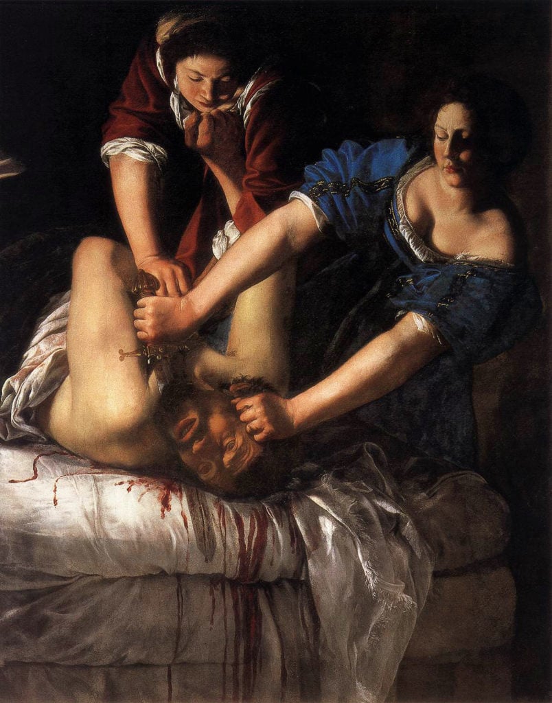 A painting by Artemisia Gentileschi called Judith Slaying Holofernes. Two women hold down a man and use a sword to cut off his head. They are lit against a dark background