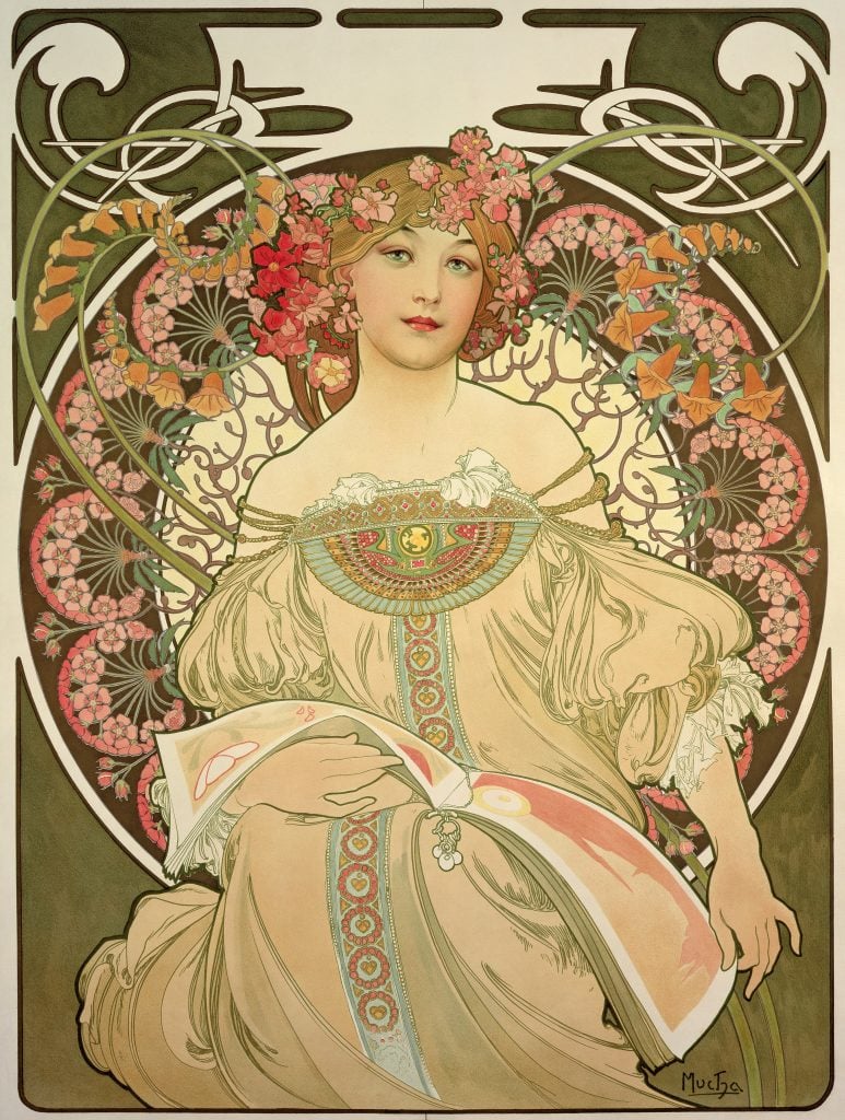 An Art Nouveau painting of a beautiful woman in pastel color palette by Alphonse Mucha