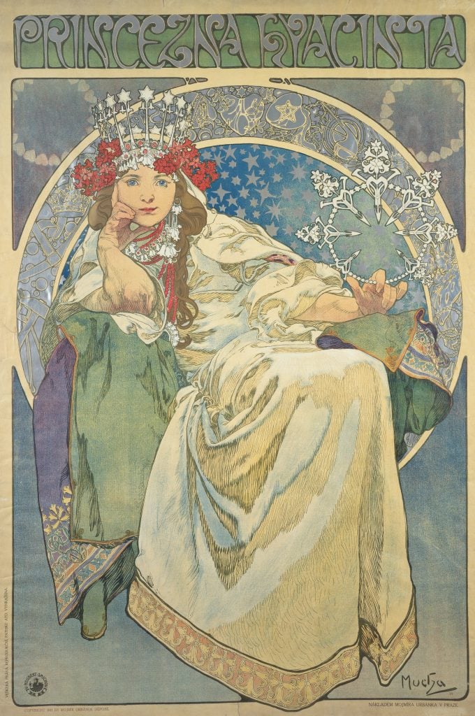 An Art Nouveau painting of a beautiful woman in pastel color palette by Alphonse Mucha