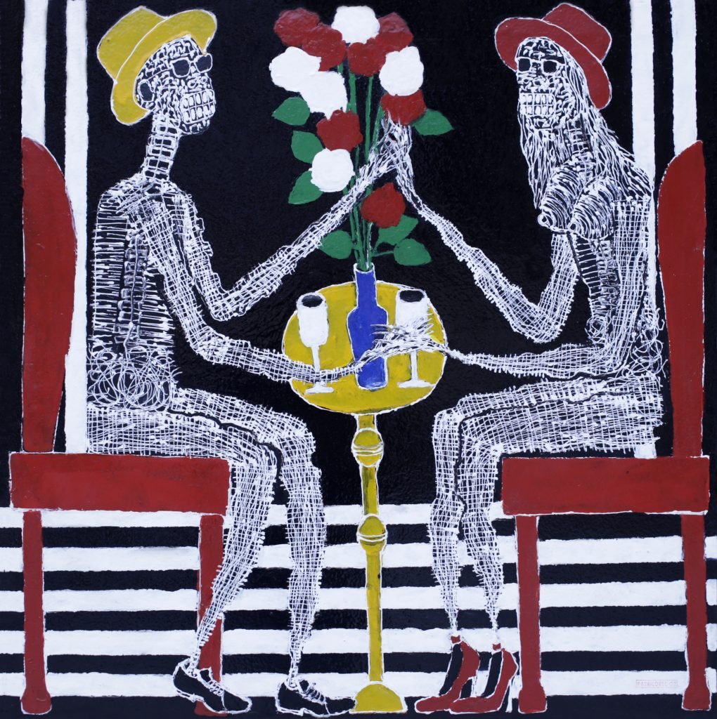 two skeleton-like figures face each other across a table with roses in the middle