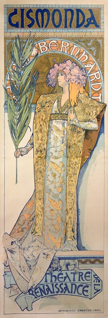 An Art Nouveau painting of a beautiful woman in pastel color palette by Alphonse Mucha