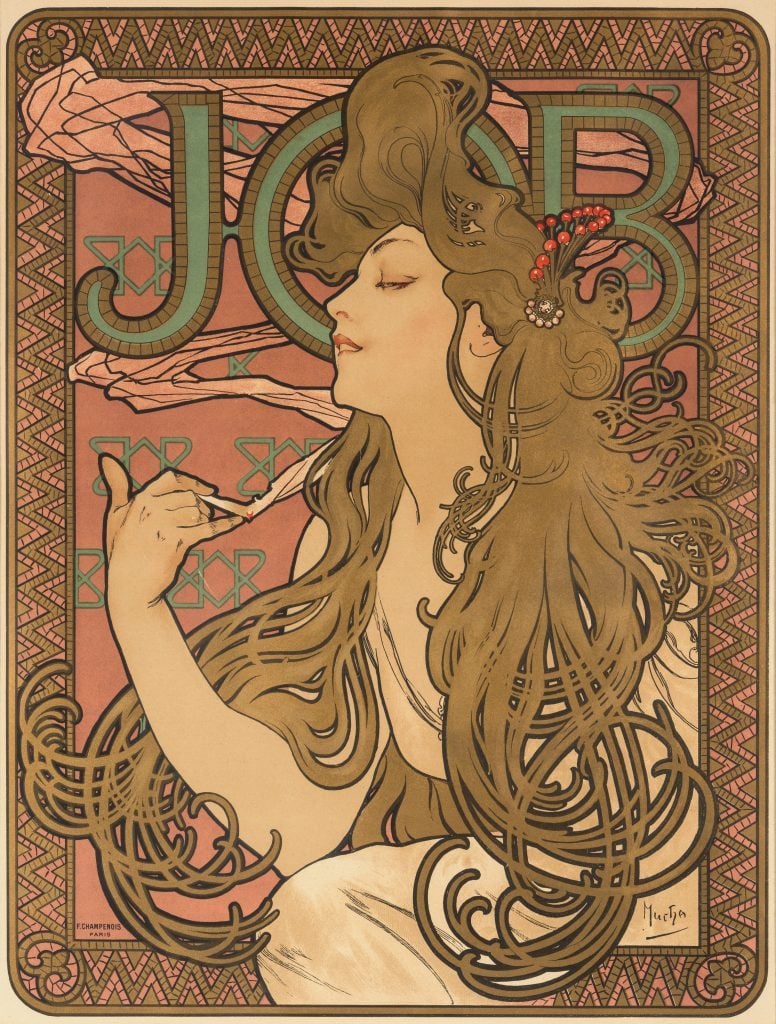 An Art Nouveau painting of a beautiful woman in pastel color palette by Alphonse Mucha