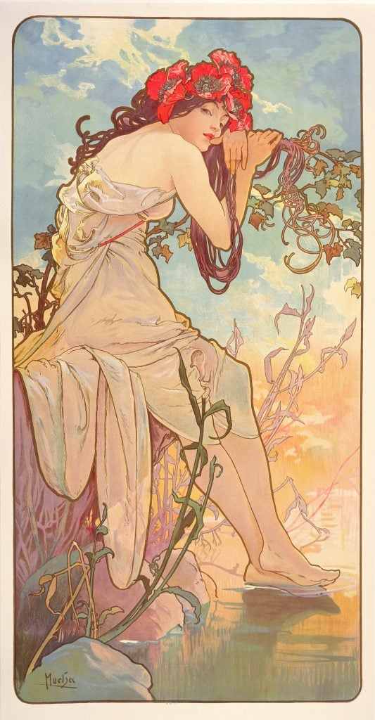 An Art Nouveau painting of a beautiful woman in pastel color palette by Alphonse Mucha