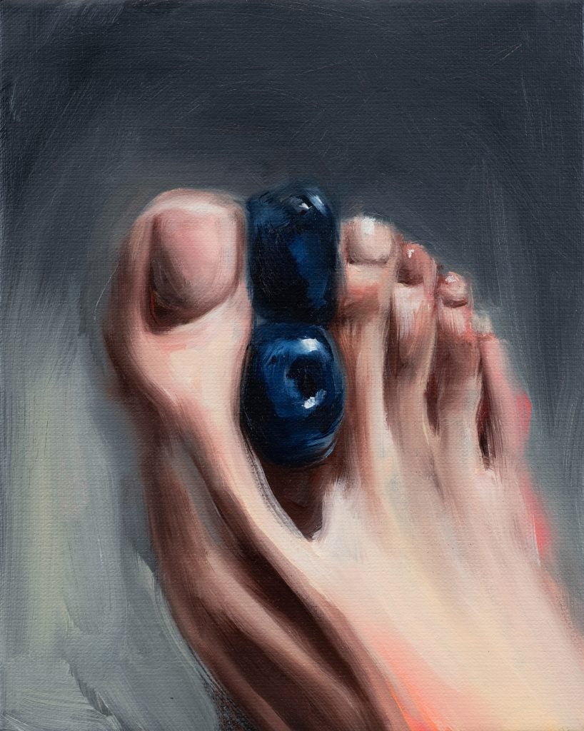 painting of a foot with two blueberries wedged between the big toe and the rest