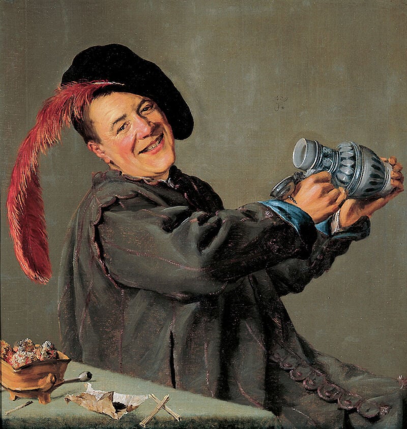 A painting of a man wearing a had with a big red feather. He is holding a drinking vessel.