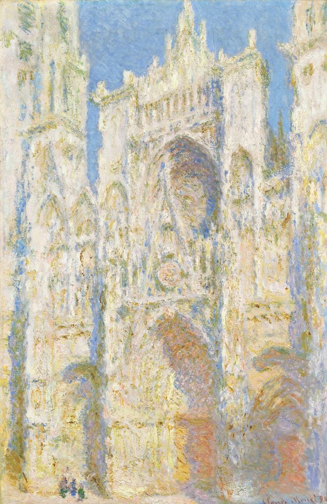 A pastel colored painting by Claude Monet of the gothic Rouen Cathedral in France