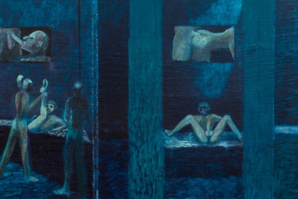 painting by ryan huggins on 4 panels with hues of dark blues depicting gay sauna atmosphere