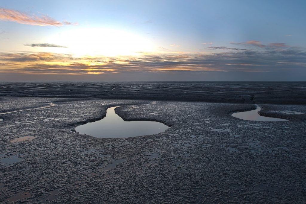 A sunset photo of an estuary at low tide