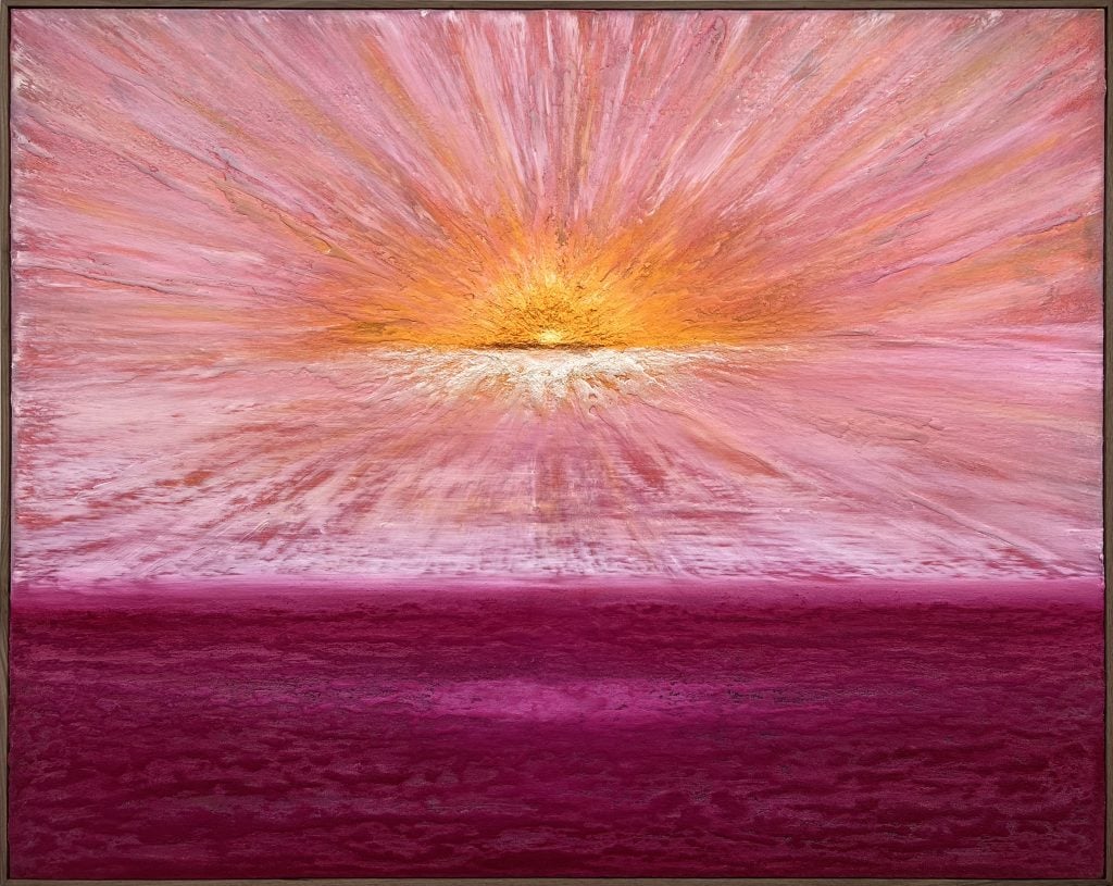 painting view of a sunset over a horizon in pink